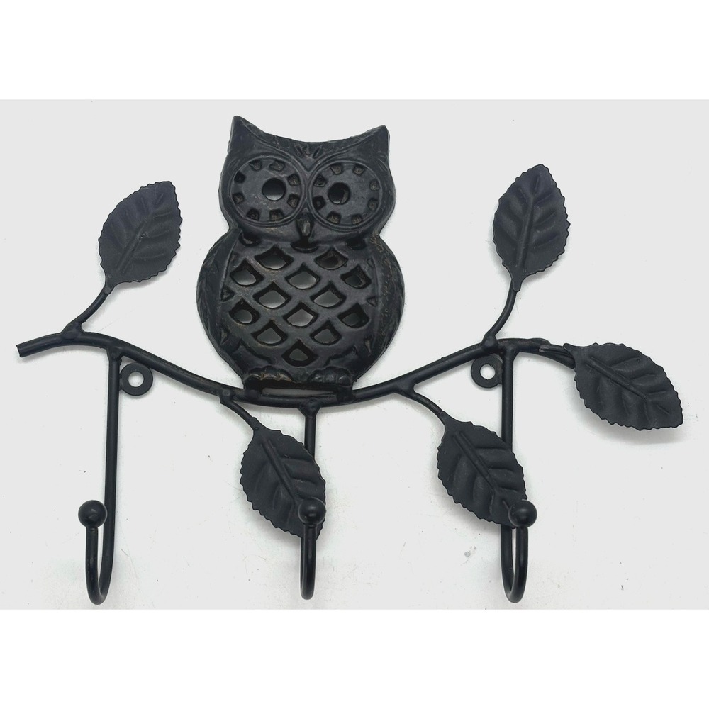 Cast Iron Owl on Metal Branch 3 Hook Wall Hanger for Towels Keys Hats Coats